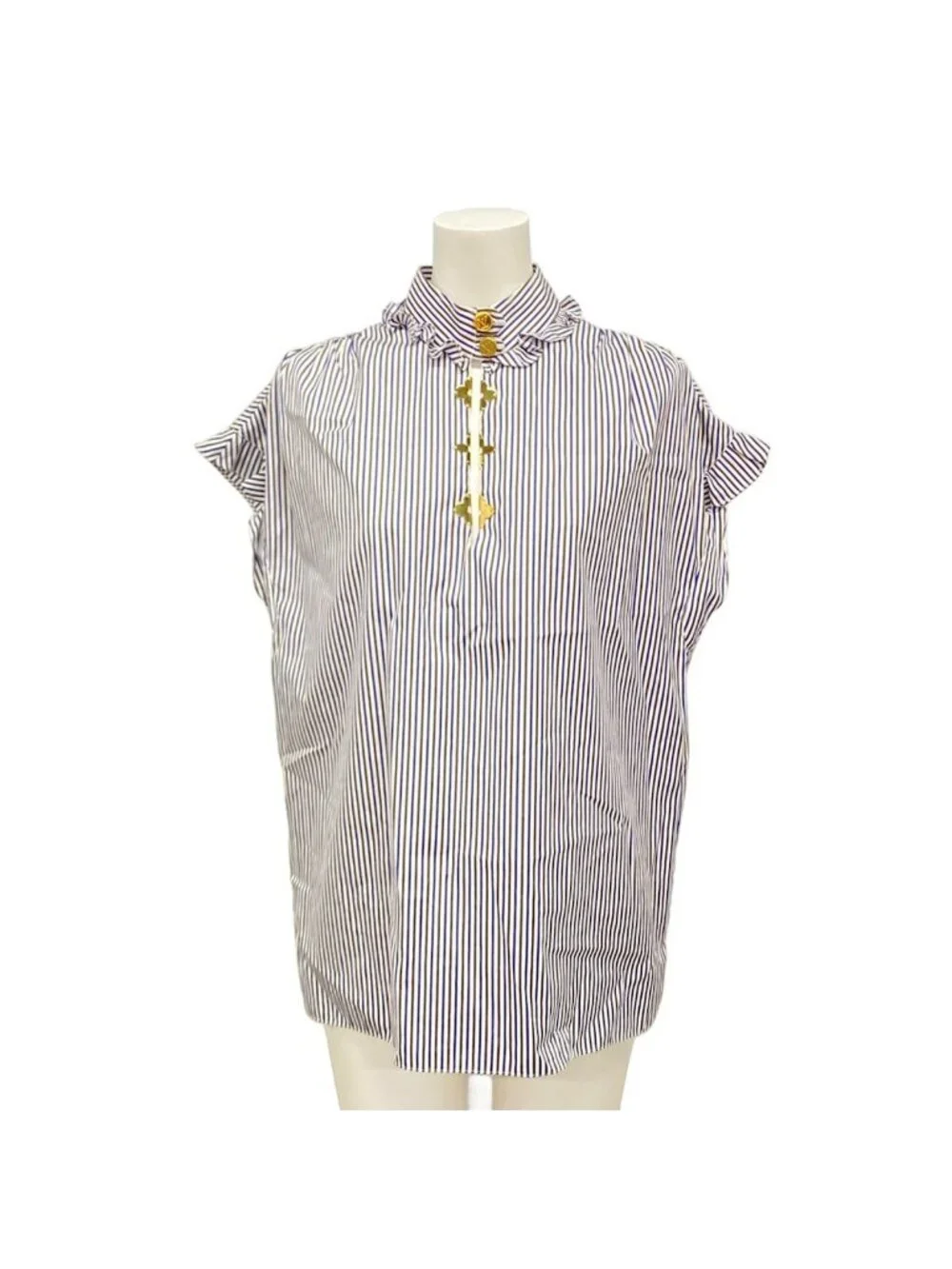 Louis Vuitton Short Sleeve Top 36 S Bu4 White Dark Brown Dark Navy Neck Stripe